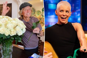 Michael Douglas smiles with bouquet of white roses, split with Evangeline Lilly smiling while seated in black