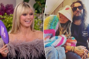 Heidi Klum smiles in feathery top on "Jennifer Hudson Show," split with the model posing with Tom Kaulitz in a colorful sweater and bucket hat