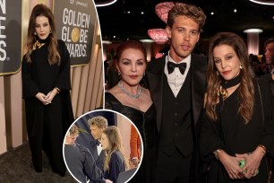A split of photos of Lisa Marie Presley backstage at the 2023 Golden Globes, her posing with Priscilla Presley and Austin Butler inside the awards show, and her and Butler on the red carpet in the inset.