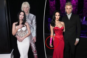 Megan Fox wears red gown and pink wrist brace at pre-Grammys party with Machine Gun Kelly, split with the couple sparkling at the 2023 Grammys