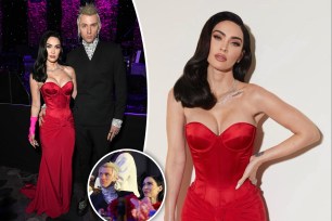 A split of photos of Megan Fox with Machine Gun Kelly at Clive Davis' party and her solo in a red dress, and another photo of her with Kelly in the inset.