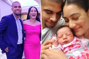 Morgan Radford poses in pink dress with David Williams, split with the couple cuddling their newborn daughter