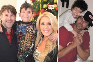 Slade Smiley and Gretchen Rossi smile in front of Christmas tree with his son Grayson, split with a throwback photo of the model and his child on his back