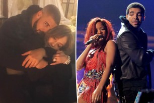 Split image of Drake with Rihanna and with Jennifer Lopez.