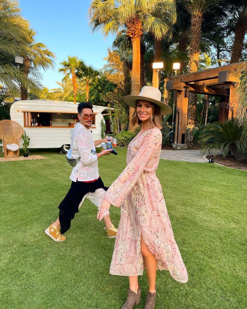 Raquel Leviss smiling while on a field and Tom Sandoval posing behind her.