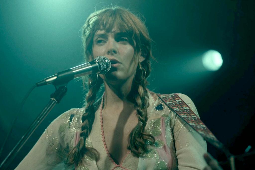 Screengrabs from Amazon Prime's Daisy Jones & the Six, in which Riley Keough's character wears a guitar strap matching one worn by Elvis Presley during his '68 comeback shows.