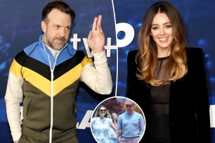 A photo of Jason Sudeikis dodging Keeley Hazell at “Ted Lasso” premiere