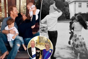 Split images of Prince Harry and Meghan Markle with Archie and Lilibet with an inset of King Charles III and Queen Consort Camilla.