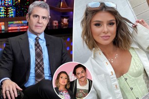 A split photo of Andy COhen talking on "WWHL" and a selfie of Raquel Leviss along with a small photo of Raquel Leviss and Tom Sandoval posing for a photo together