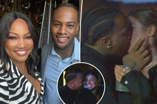 A split of a selfie of Garcelle Beauvais and her son Oliver Saunders and one of Saunders kissing Raquel Leviss with an inset of Saunders and Leviss smiling at each other.