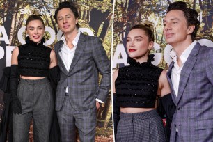 Florence Pugh and Zach Braff at the "A Good Person" premiere split image.