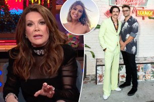 A split photo of Lisa Vanderpump talking on "WWHL" and a photo of Tom Schwartz and Tom Sandoval posing together and a small selfie of Raquel Leviss
