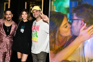 Split image of Tom Schwartz kissing Raquel Leviss and a picture of them with Tom Sandoval.