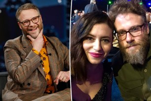 A split of Seth Rogen on "Jimmy Kimmel Live!" and a selfie of him with his wife, Lauren Miller Rogen.