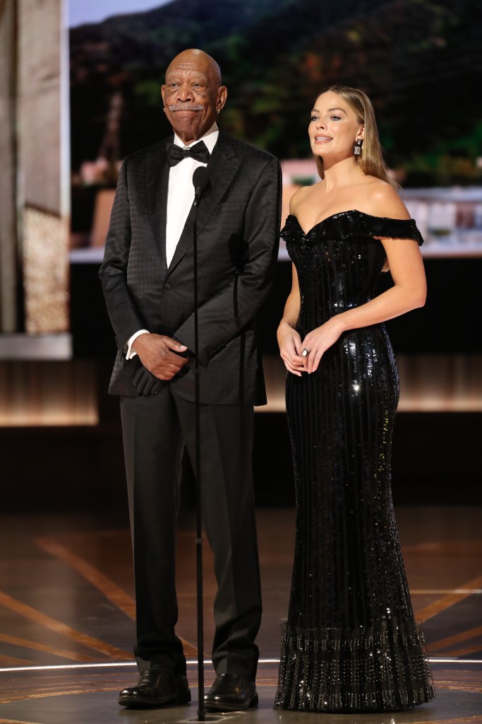 Margot Robbie and Morgan Freeman onstage at the 2023 Oscars.