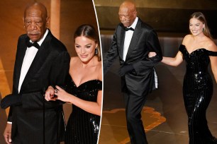 Split images of Morgan Freeman and Margot Robbie at the 2023 Oscars.