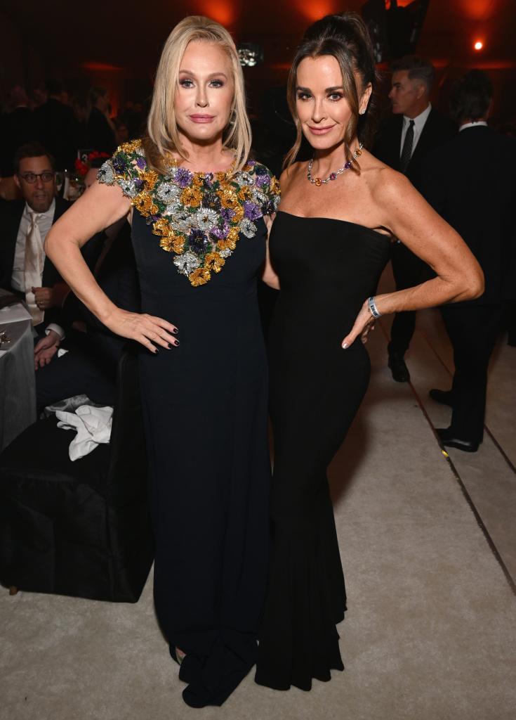 Kathy Hilton and Kyle Richards posing for a picture at the 2023 Elton John's AIDS Foundation Oscar Party