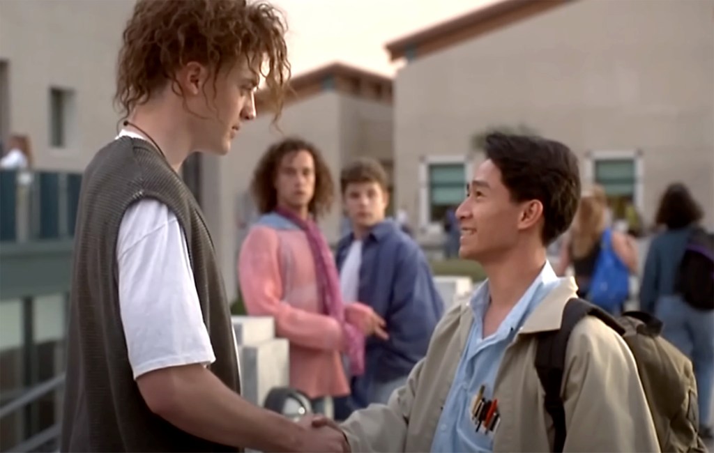 Oscar winners Fraser and Quan in "Encino Man," with Pauly Shore and Sean Astin looking on.