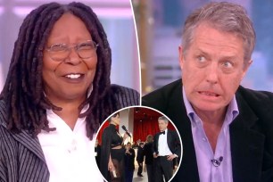 A split of Whoopi Goldberg and Hugh Grant on "The View," and Grant on a red carpet with Ashley Graham in the inset.