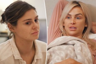 A split photo of Raquel Leviss talking and a photo of Lala Kent sitting in bed