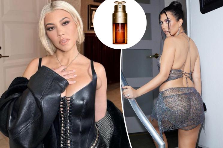 Two photos of Kourtney Kardashian (one in a leather corset top and the other in a mesh skirt set) with an inset of a bottle of Clarins Double Serum
