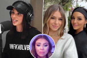 A split photo of Scheana Shay talking on her podcast and a selfie of Scheana Shay and Ariana Madix along with a small selfie of Raquel Leviss