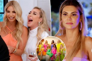 A split of stills of Alexia Nepola and Marysol Patton laughing and one of Adriana de Moura sitting down with an inset of the cast of "Real Housewives Ultimate Girls Trip."