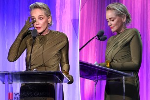 A split of Sharon Stone giving a speech at the gala on Thursday.