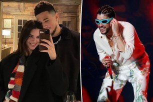 Bad Bunny split image with Kendall Jenner and Devin Booker.