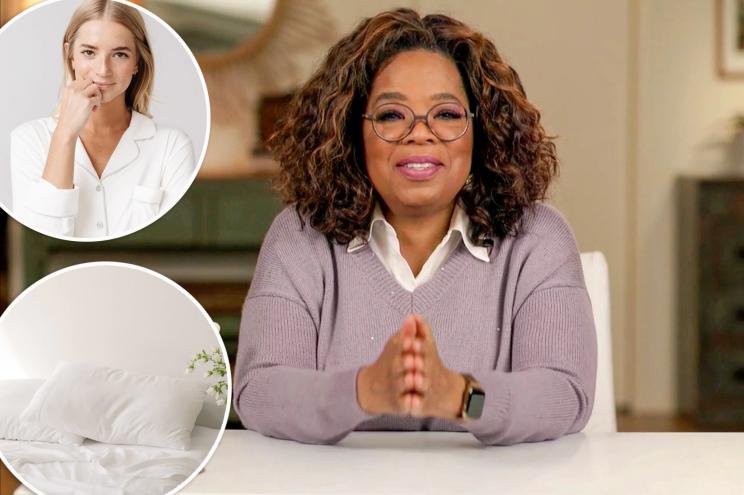Oprah in a purple sweater with insets of a model in pajamas and a unmade bed