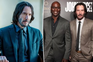 A split of Keanu Reeves in "John Wick" and one of Ruby Rose, Lance Reddick and Reeves at an event.