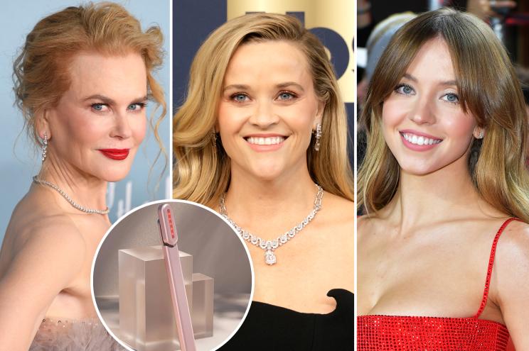 Nicole Kidman, Reese Witherspoon and Sydney Sweeney with an inset of a Solawave wand