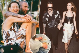 Split images of Behati Prinsloo and Adam Levine with an inset of their baby's feet.