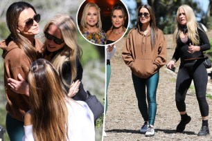 Kyle Richards, DOrit Kemsley and Kim Richards talking on a hike and Kyle Richards and Kim Richards walking on a hike along with a small photo of Kathy Hilton and KYle Richards posing at an event together