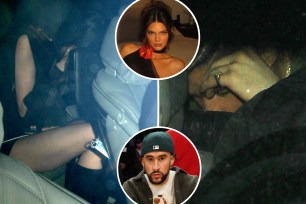 A split photo of Kendall Jenner sitting in a car and Bad Bunny shielding his face in a car and two small photos of a solo shot of Kendall Jenner and a solo shot of Bad Bunny