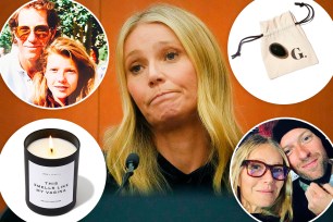 Gwyneth Paltrow on trial with insets of her and her dad, her and Chris Martin, her "This Smells Like My Vagina" candle, and a Jade egg.