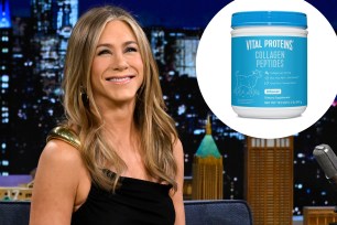 Jennifer Aniston wearing a black dress, inset of a blue Vital Proteins bottle