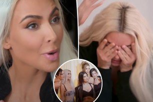 A split photo of a screenshot of Kim Kardashian talking and a screenshot of Kim Kardashian crying and a small photo of the entire Kardashian family posing together