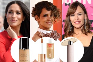 Meghan Markle, Halle Berry and Jennifer Garner with insets of three types of foundation