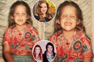 Split images of Lisa Marie Presley as a child with an inset of Lisa Marie and another inset of Elvis Presley with Linda Thompson.