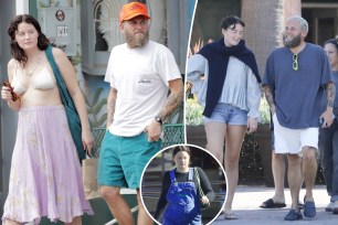 Split shots of Olivia Millar and Jonah Hill walking outside, as well as an inset of the actress' bump