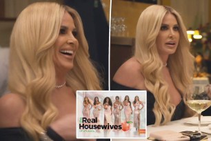 A split photo of Kim Zolciak talking and another pic of her talking on "Real Housewives of Atlanta" and a cast photo of "RHOA"