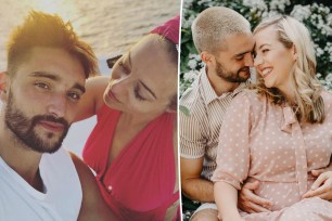 A split of Tom Parker and his wife, Kelsey Parker, on a boat with one of them smiling at each other.