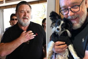 Russell Crowe split image with his puppy Louis.
