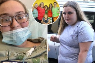 A split of a selfie of Anna "Chickadee" Cardwell in the hospital one of Honey Boo Boo outside with an inset of the "Here Comes Honey Boo Boo" cast.
