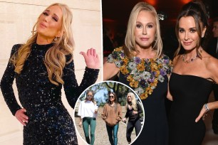 A split of Kim Richards with a photo of Kyle Richards and Kathy Hilton posing together and a photo of Kim, Kyle and Dorit Kemsley hiking in the inset.