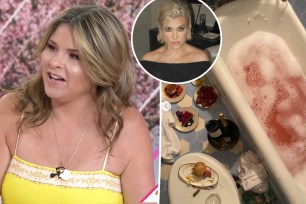 Jenna Bush Hager split image with Kourtney Kardashian and her bathroom with food.