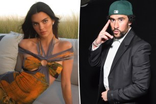 A split of Kendall Jenner in a dress and Bad Bunny backstage at the Grammys.