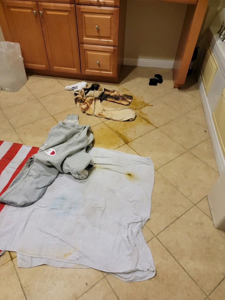 What appears to be feces and towels laid across the floor could be seen in the bathroom where the singer's body was found.