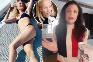 Gwyneth Paltrow wears black bikini, split with Bethenny Frankel filming video, as well as the actress speaking into microphone